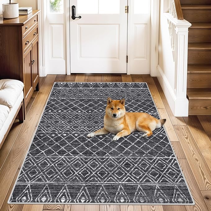 Black Non Slip Moroccan 3x4 Washable Area Rug | Soft Stain-resistant Mat - Image 2