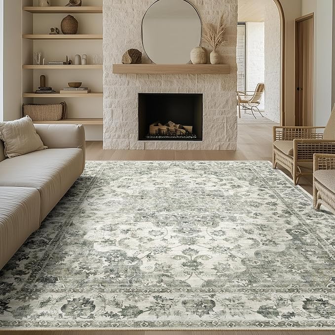 9x12 Neutral Area Rug Green Vintage Living Room Bedroom Washable Carpet - Image 3