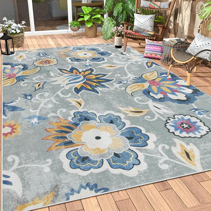 Lahome Floral Indoor Outdoor Rugs, 6x9ft Non Slip Outdoor Patio Rug by Lahome