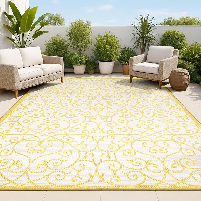 JONATHAN Y Vintage Filigree Indoor Outdoor Area Rug 9X12 Cream/Yellow, Madrid by JONATHANY