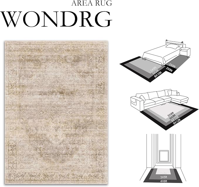 4x6 Washable Neutral Area Rug Beige Vintage Entryway Bathroom Carpet Non-Slip - Image 2