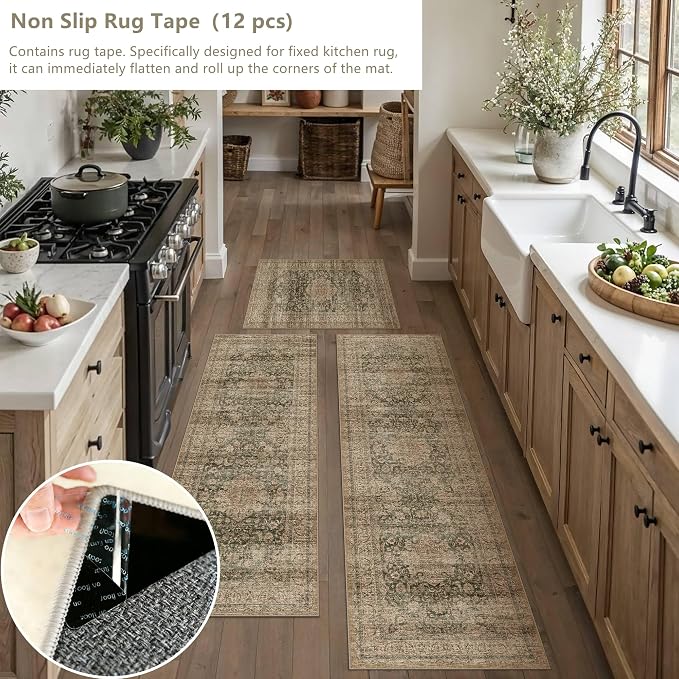 Vintage Kitchen Rug Set of 3 Washable Green Brown Kitchen Mats - Image 5