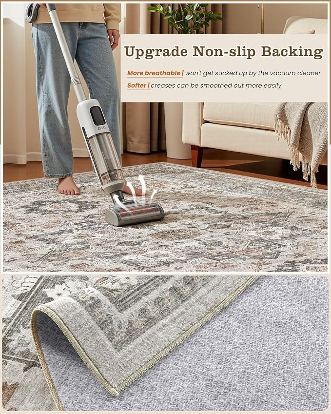 6ft Round Area Rug: Washable Vintage Neutral Soft Non Slip Thin Large Floor - Image 6