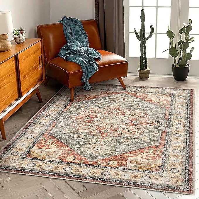 CHAMPLANT Area Rug 6'x9' Red Khaki Washable Vintage Traditional Floor Cover - Image 2