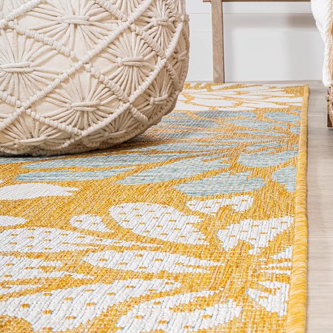 JONATHAN Y Floral Textured Weave Indoor Outdoor Round Area Rug 5 Ft Yellow/Cream - Image 4