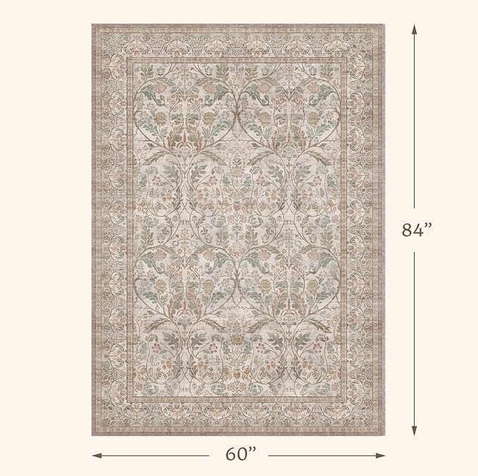 Moss Green 5x7 Washable Living Room Rug, Vintage Farmhouse Dining Room Rugs - Image 2