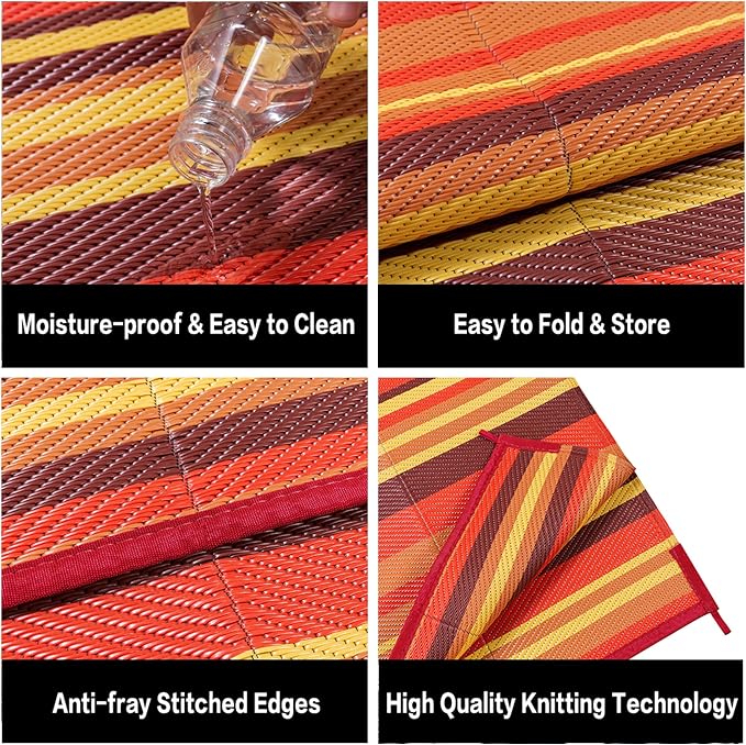Outdoor Plastic Straw Rug Waterproof Patio 9x12 Red Orange Stripe Mat - Image 7