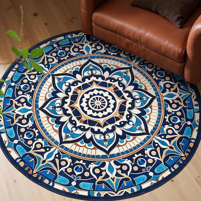 jinchan Mandala Round Rug 5ft Blue Boho Washable Rug Moroccan 5' Round Modern - Image 2