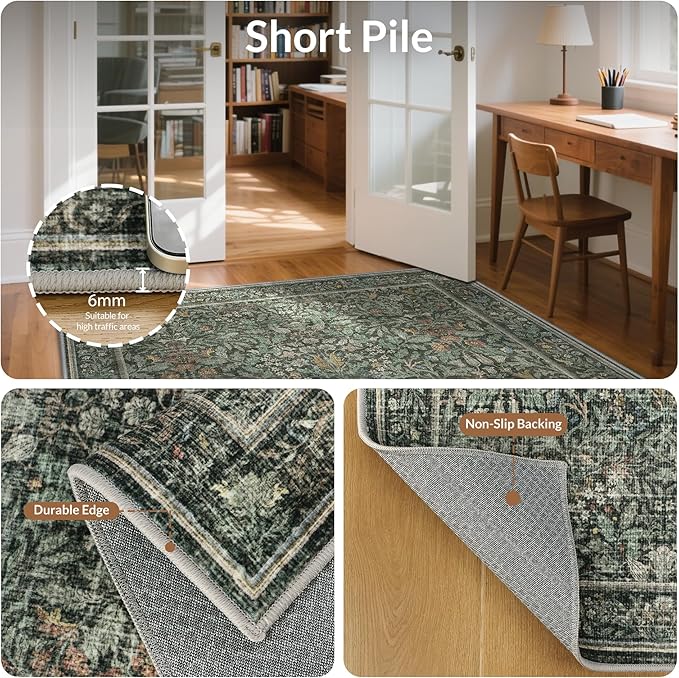 GENIMO 9x12 Washable Area Rug, Non-Slip Vintage Boho Floral Carpet, Large Area - Image 4