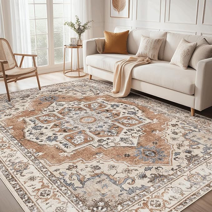 6x9 Washable Area Rug: Vintage Neutral Soft Non Slip Thin Large Floor Carpet by MICGEEK