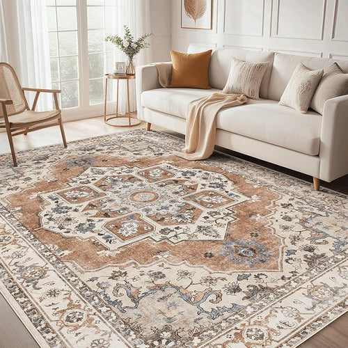 10x12 Washable Area Rug: Vintage Neutral Soft Non Slip Thin Large Floor Carpet by MICGEEK