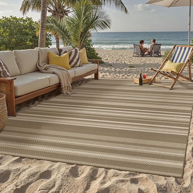 8x10 Easy Jute Stripe Area Rug Beige Brown Indoor Outdoor Rug Non Slip Neutral - Image 3