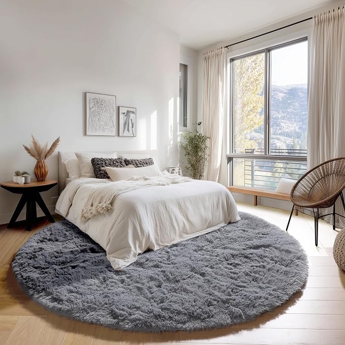 ONASAR Grey Round Rugs 8ft for Living Room, Fluffy Bedroom Circle Area Rug - Image 3