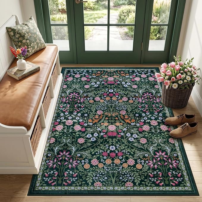 Area Rug Living Room Rugs: Floral 3x5 Washable Rug Vintage Soft Boho Non-Slip by PLHXFRSoftAreaRugs
