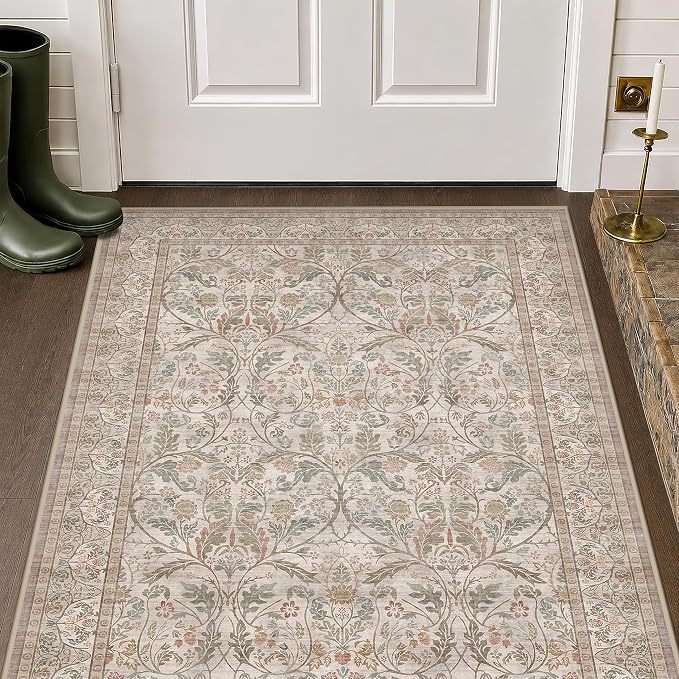 Moss Green Traditional 3x4 Kitchen Area Rug, Vintage Washable Rug - Image 3