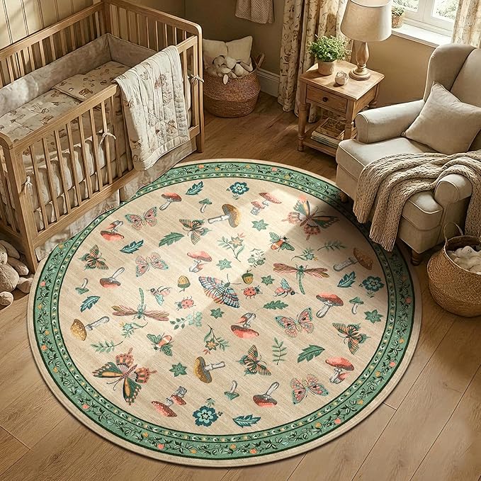 Mushroom Insect 5ft Round Rug Washable Non-Slip Soft Ultra-Thin Small Boho - Image 3