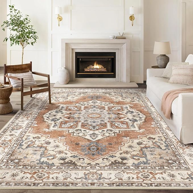 5x7 Washable Area Rug: Vintage Neutral Soft Non Slip Thin Large Floor Carpet - Image 2
