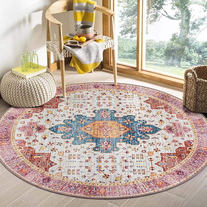 Moynesa Ultra-Thin Washable Round Rug - 4ft Pink Oriental Circle Area Rugs by Moynesa