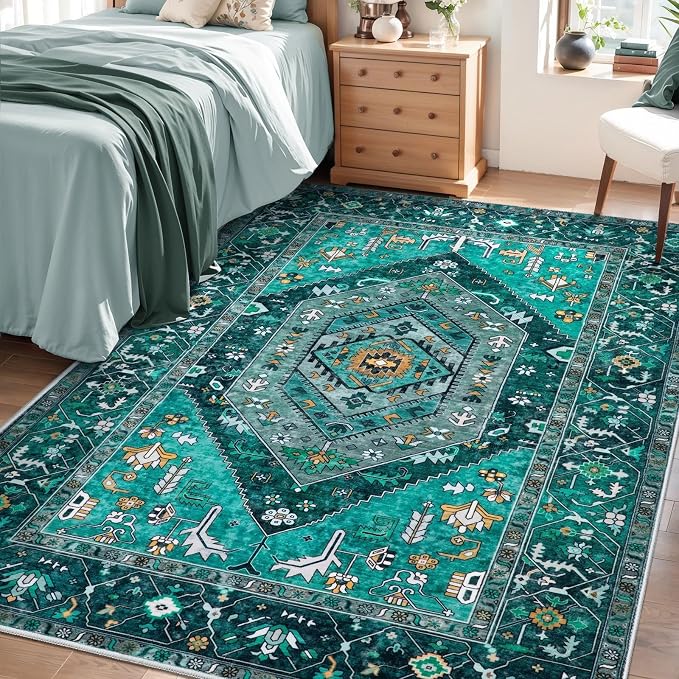 SERISSA 4x6 Boho Bedroom Rug, Washable Non Slip Vintage Teal Area Rugs by SERISSAHomeDecorCollection