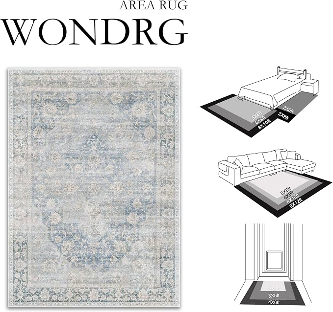 2x6 Washable Neutral Runner Rug Blue Vintage Hallway Kitchen Carpet Non-Slip - Image 2