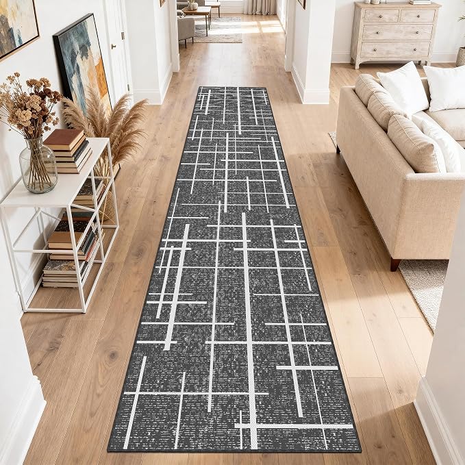 Non Slip Hallway Runner Rug 2.6x12, Modern Distressed Stripe, Washable Extra - Image 8