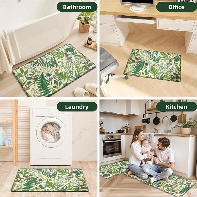 Beige Green Botanical Kitchen Rugs Set of 2 Plant Leaf Anti-Fatigue Kitchen Mat - Image 7