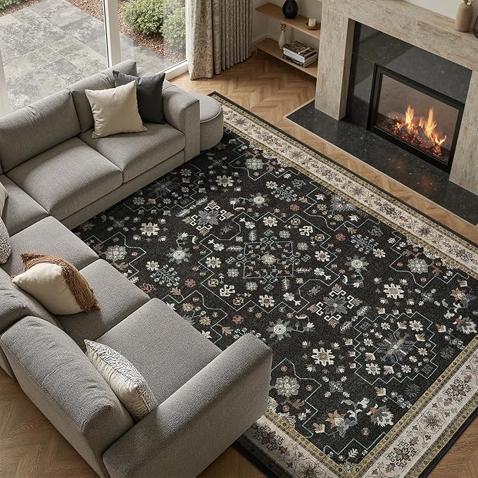 DCX Black Boho 5x7 Area Rugs, Machine Washable Non Slip Geometric Floral Rug by DCXWashableRug