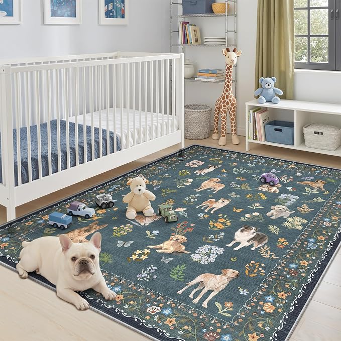 Soalmost Dog 5x7 Area Rugs for Living Room, Machine Washable Animal Floral - Image 2