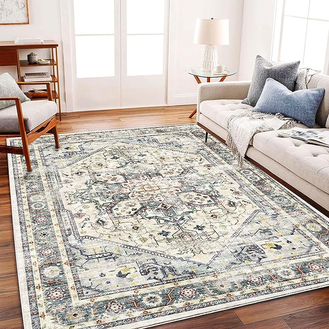 CHAMPLANT Area Rug 6'x9' Cyan Khaki Washable Vintage Traditional Floor Cover by CHAMPLANT