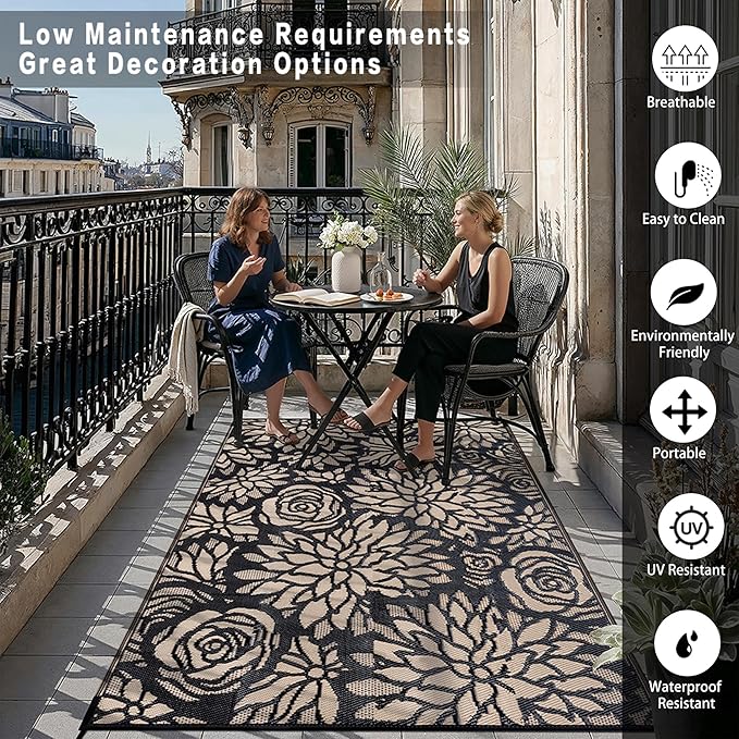 Outdoor Plastic Straw Rug Waterproof Patio 8x10 Black Brown Floral Mat - Image 5
