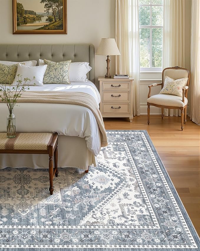 5x8 Vintage Area Rug: Washable Neutral Soft Non Slip Thin Large Floor Carpet - Image 4