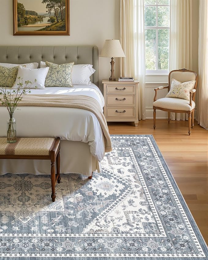 6x9 Vintage Area Rug: Washable Neutral Soft Non Slip Thin Large Floor Carpet - Image 3