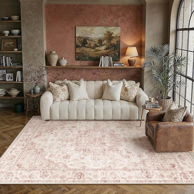 6x9 Washable Neutral Area Rug Pink Vintage Living Room Bedroom Carpet Non-Slip by WondRg