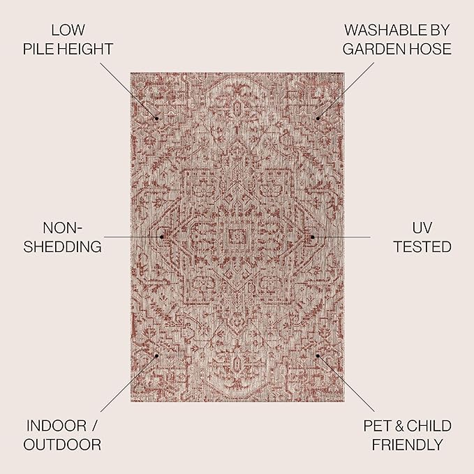 JONATHAN Y Boho Medallion Indoor Outdoor Round Area Rug 8 Ft Red/Taupe - Image 3