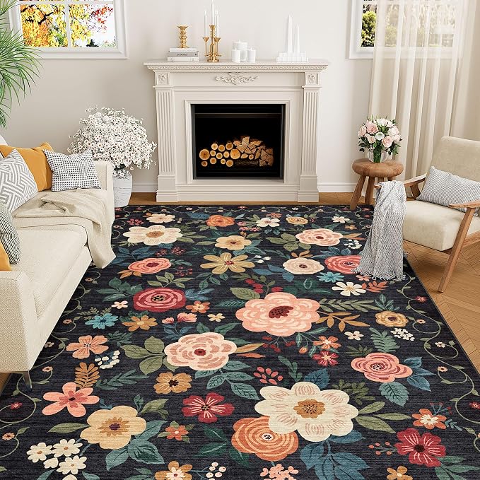 DUKINO 5x8 Area Rug for Living Room, Washable Lightweight Non Slip Floral by DUKINO