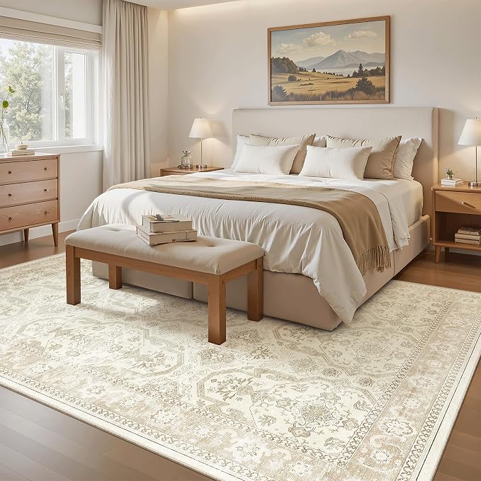 Soalmost 5x8 Area Rugs Beige/Brown Low Pile Indoor Washable Trendy Faded Style - Image 4