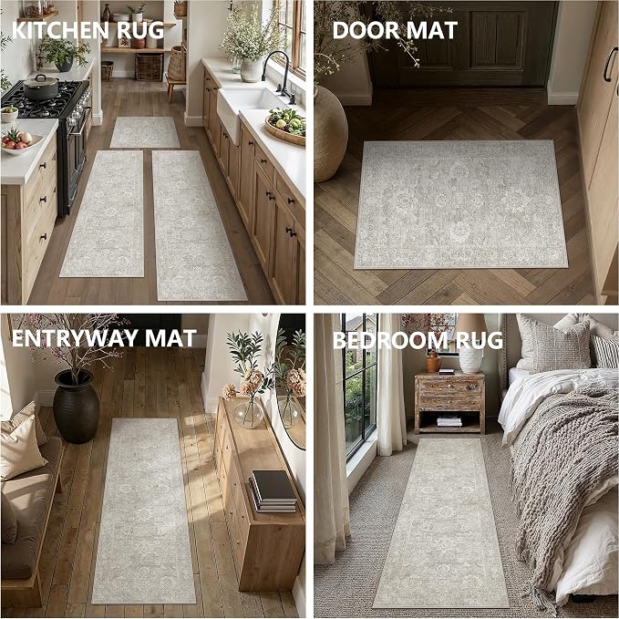 Neutral Kitchen Rug Set of 3 Washable Grey Floral Kitchen Mats - Image 8