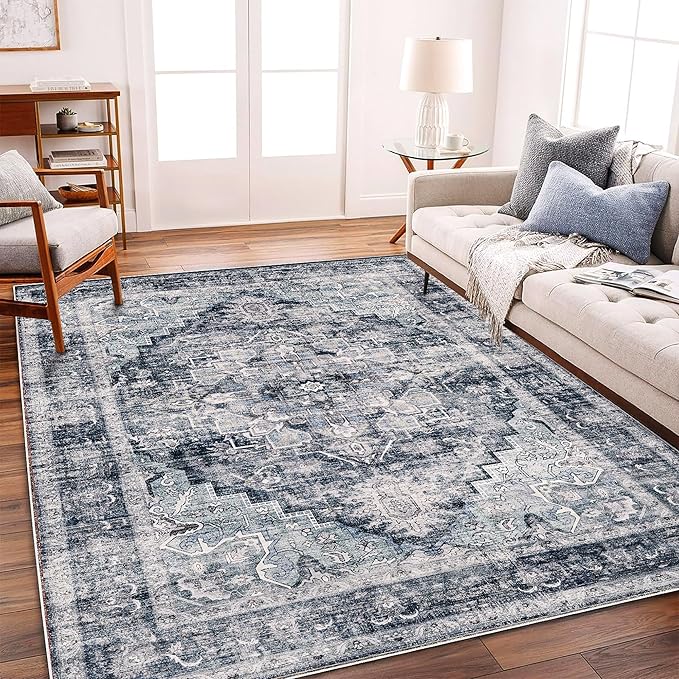 CHAMPLANT Area Rug 6'x9' Dark Blue Washable Vintage Traditional Floor Cover by CHAMPLANT