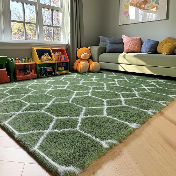 ONASAR Area Rugs for Bedroom Living Room, 4x6 Fluffy Olive Green and White - Image 9