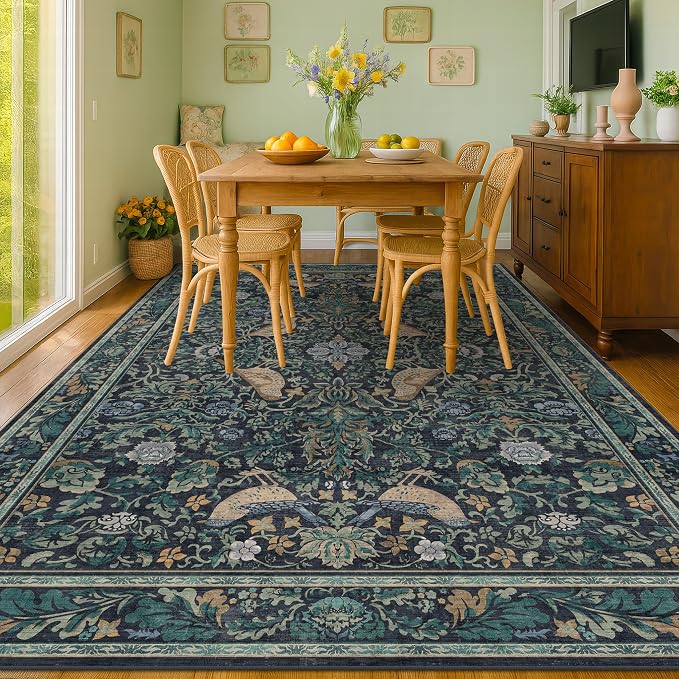 Boho Living Room Rug, 7x10 Floral & Bird Pattern Area Rug - Image 3