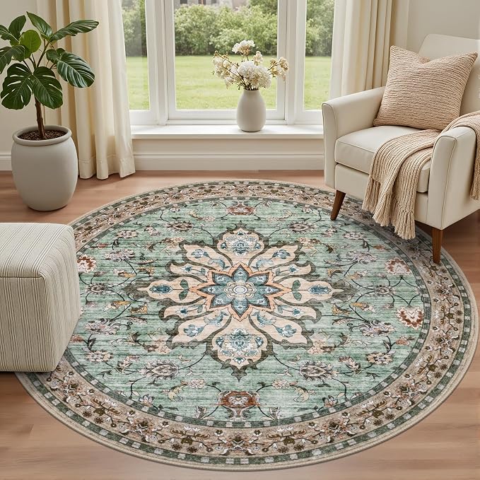 Round Area Rug for Living Room: 4 ft Washable Vintage Boho Soft Thin Circle Rug - Image 2