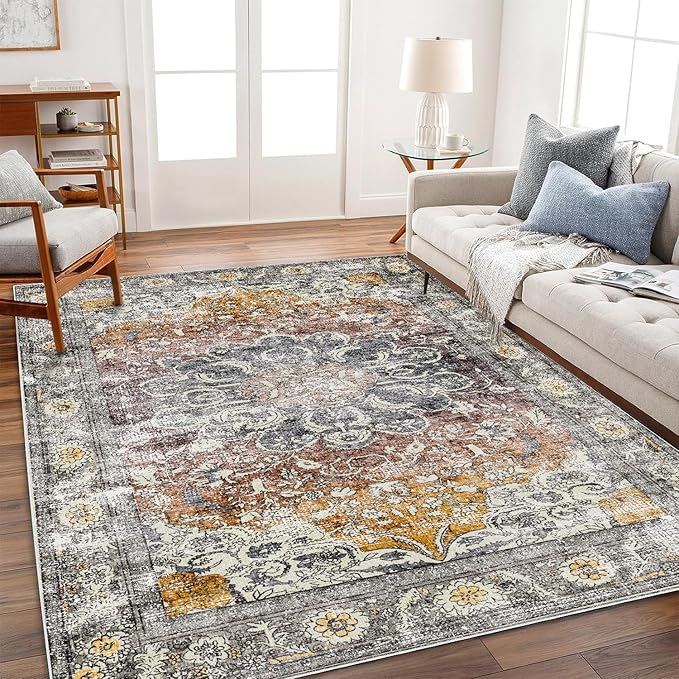 CHAMPLANT Area Rug 6x9 Washable Rug Brown Grey Vintage Traditional Distressed by CHAMPLANT
