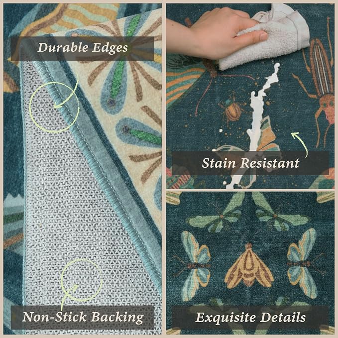 JTJ Botanical Insect Kitchen Rug Set of 3, Washable and Non-Slip Low Pile Floor - Image 3
