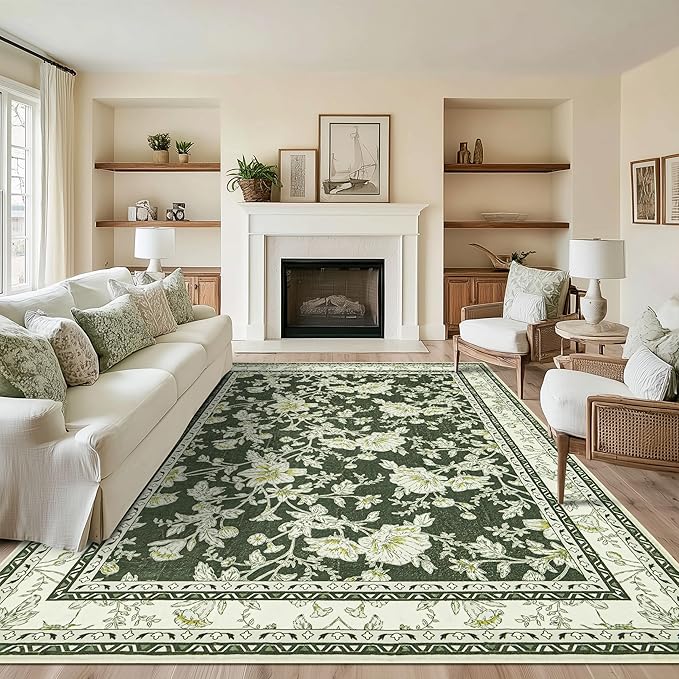 Olive Green Floral Print Area Rugs - Image 7