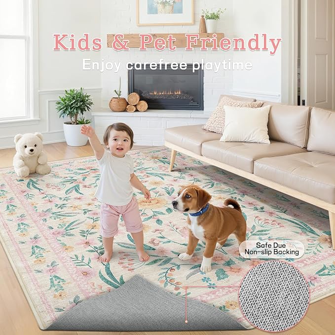 8x10 Pink Floral Area Rug, Large Washable Living Room Carpet - Image 6