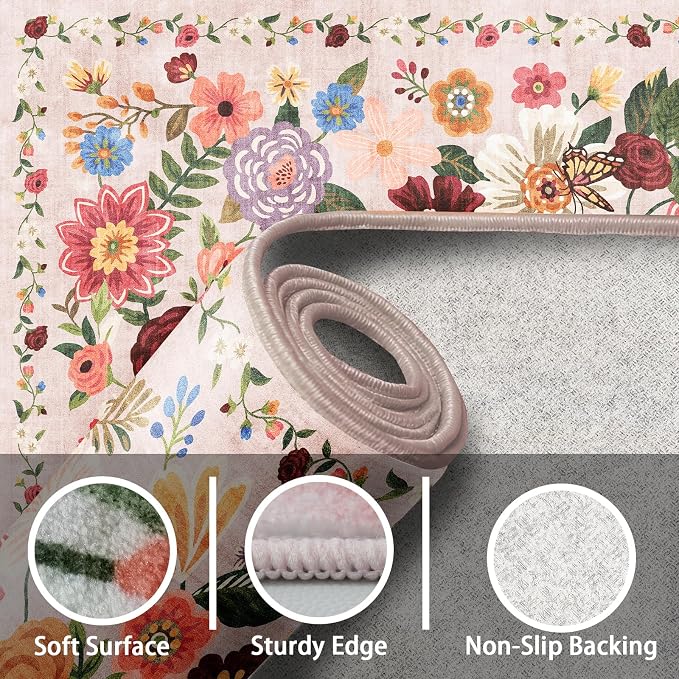 Blush Area Rugs 10x14 for Living Room, Non Slip Machine Washable Floral Rugs - Image 2