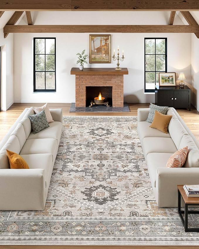 10x12 Vintage Area Rug: Washable Neutral Soft Non Slip Thin Large Floor Carpet by MICGEEK