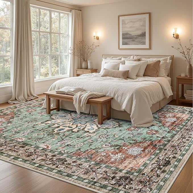 8x10 Area Rugs for Living Room: Washable Rug Soft Vintage Distressed Floral - Image 4