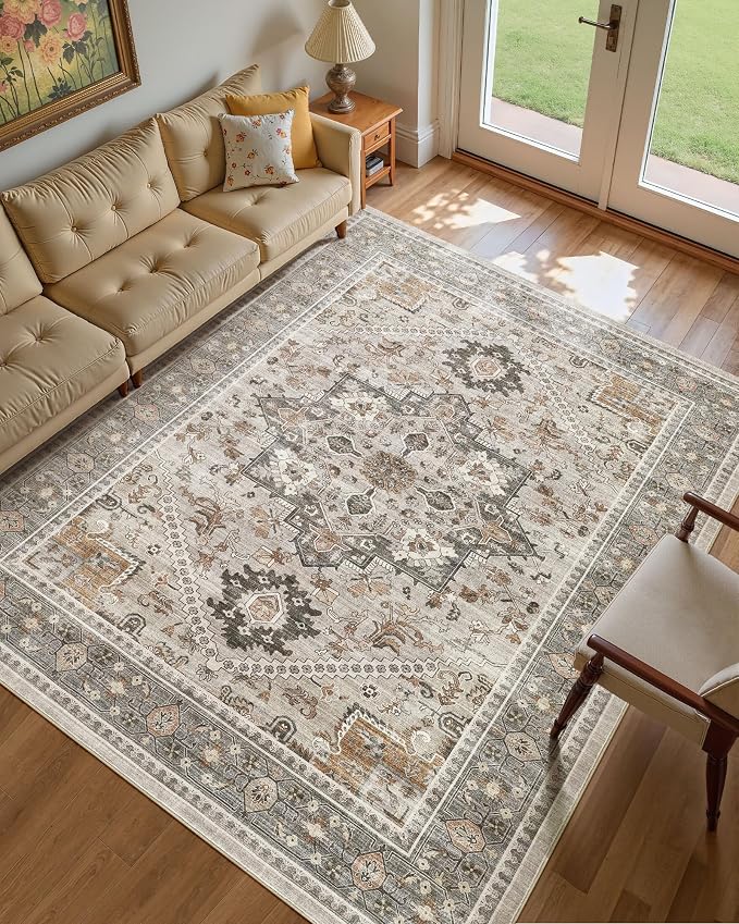 10x14 Vintage Area Rug: Washable Neutral Soft Non Slip Thin Large Floor Carpet - Image 2