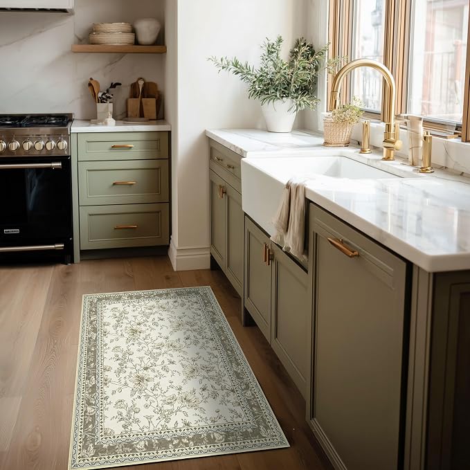 Beige Taupe Floral Area Rug for Entryway 2x3 Washable Small Rug Low Pile Non - Image 2